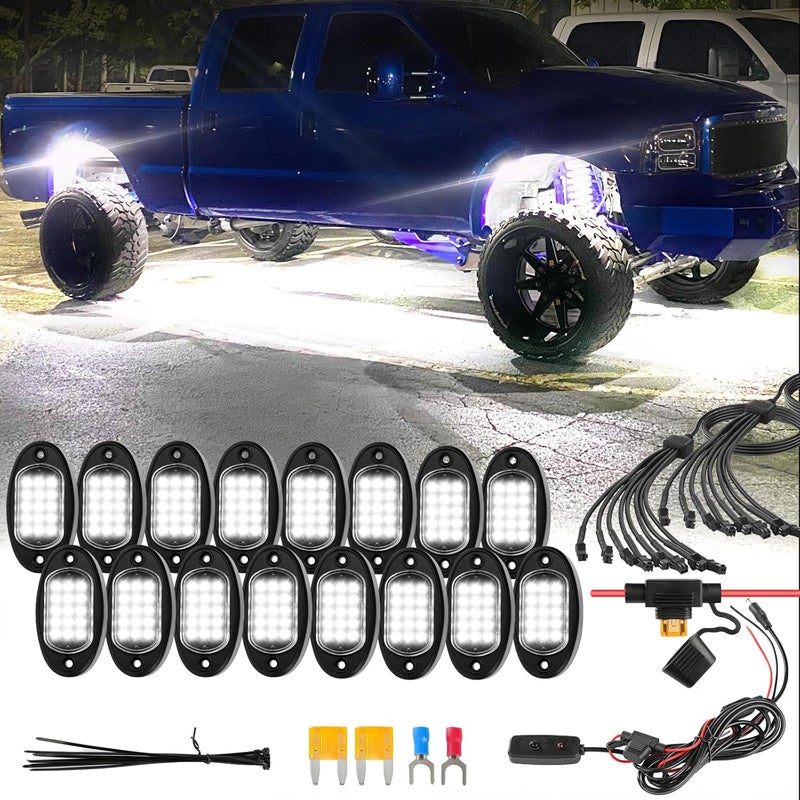 ZONECONA 16Pods Pure White LED Rock Lights Kit with Switch Wiring Harness Extension Wire, 6000K Neon Underglow Light 12V Fender Lights Waterproof for Trucks Jeep Golf Carts Off Road ATV UTV SUV SXS - Image 1